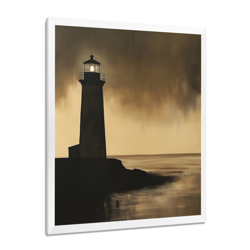 Phare du Crépuscule Doré III - Décoration murale encadrée sur le thème nautique, H 32 po x l 16 po, Cadre photo blanc
