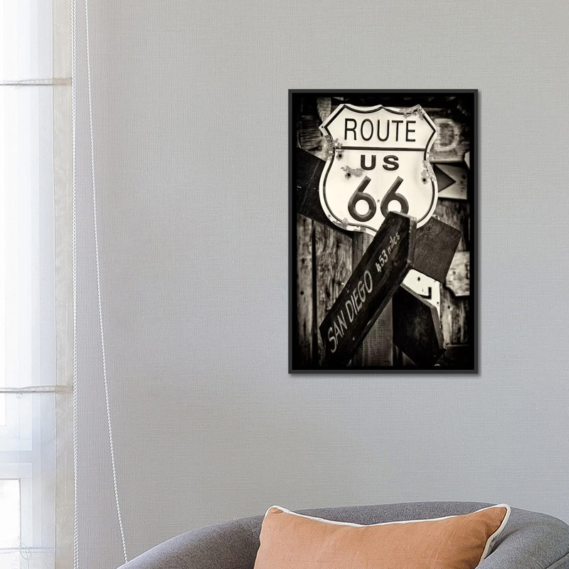 "U.S. Route 66 Sign" par Philippe Hugonnard, art textuel sur toile tendue en noir et blanc, H 60 po x l 40po x P 1,5 po