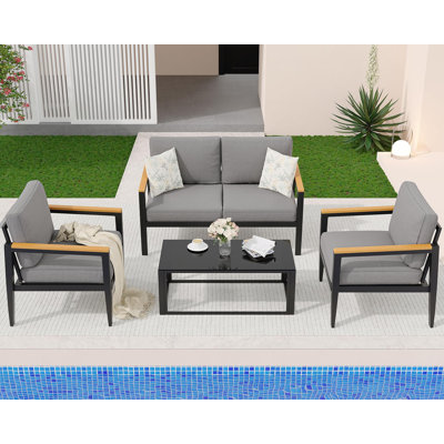 Ensemble de conversation en aluminium 4 pièces gris foncé foncé avec conversation et coussins amovibles lavables