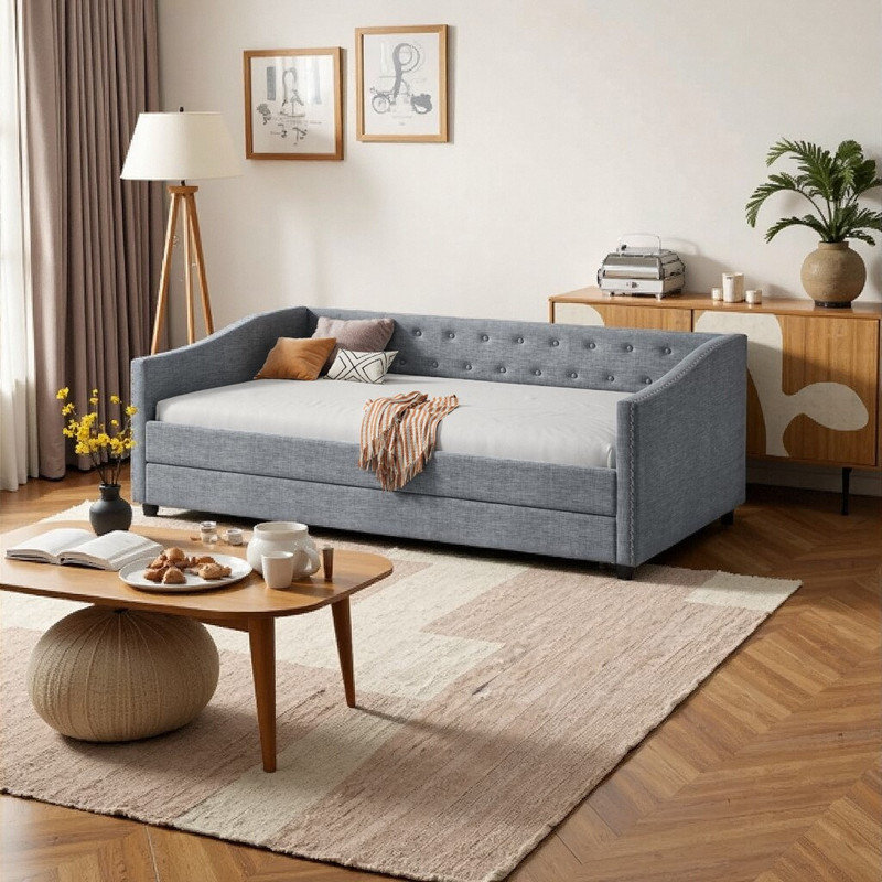 Divan-lit simple avec couchette et rangement, Gris, Lit simple