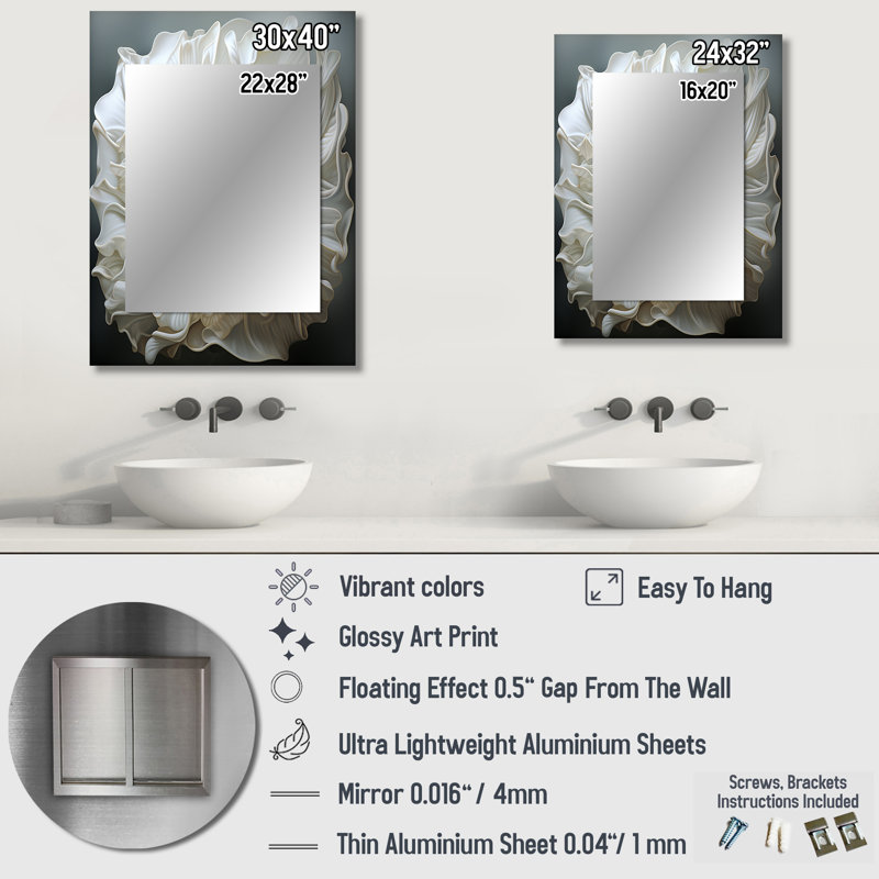 Monochromatique Seashells - miroir coquillage, miroir mural décoratif blanc, impression d'art en métal, 32 po x 24 po