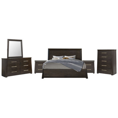 Lit King Size à panneaux, 2 tables de chevet, commode à deux tiroirs avec miroir profilé et commode à tiroirs