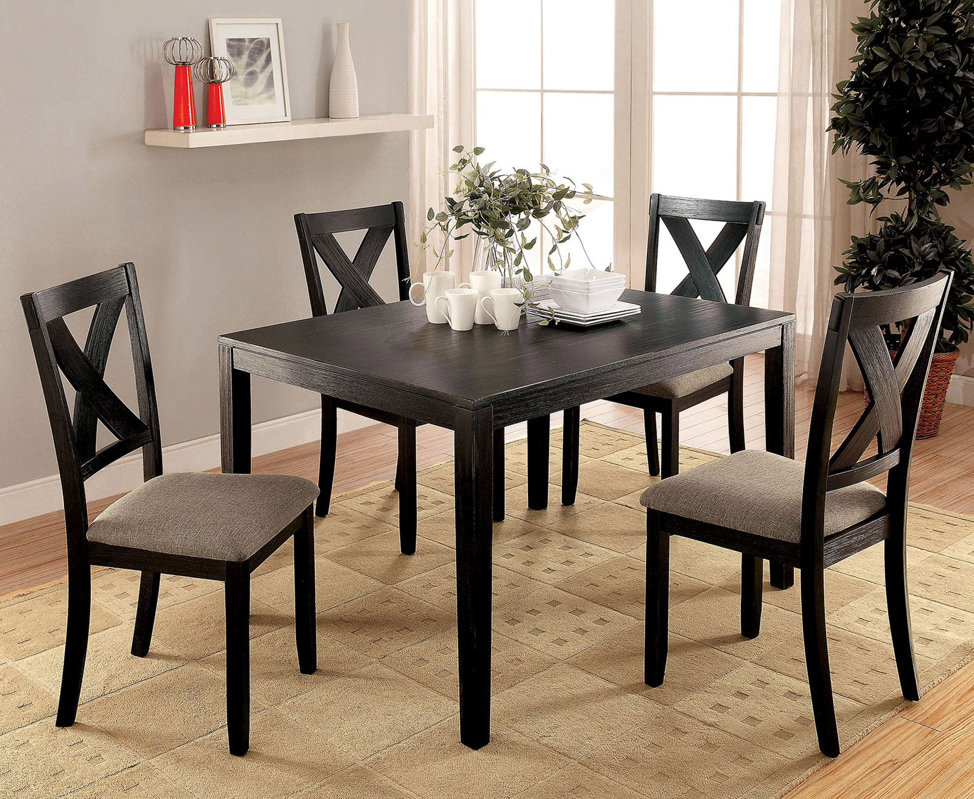 Rosalind Wheeler Simple Modern 5Pc Dining Set Brushed Black Dining Table Chairs Brown Cushion ...