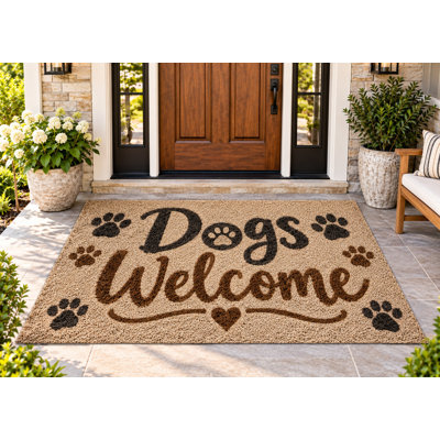 5' x 7' Outdoor Area Rug Dogs Welcome Paw Print Beige Brown Heavyweight Waterproof PVC Coil Loop Carpet, Patio Rug Quick Dry Mat for Large Doormat Porch Deck Balcony Entryway RV Camping