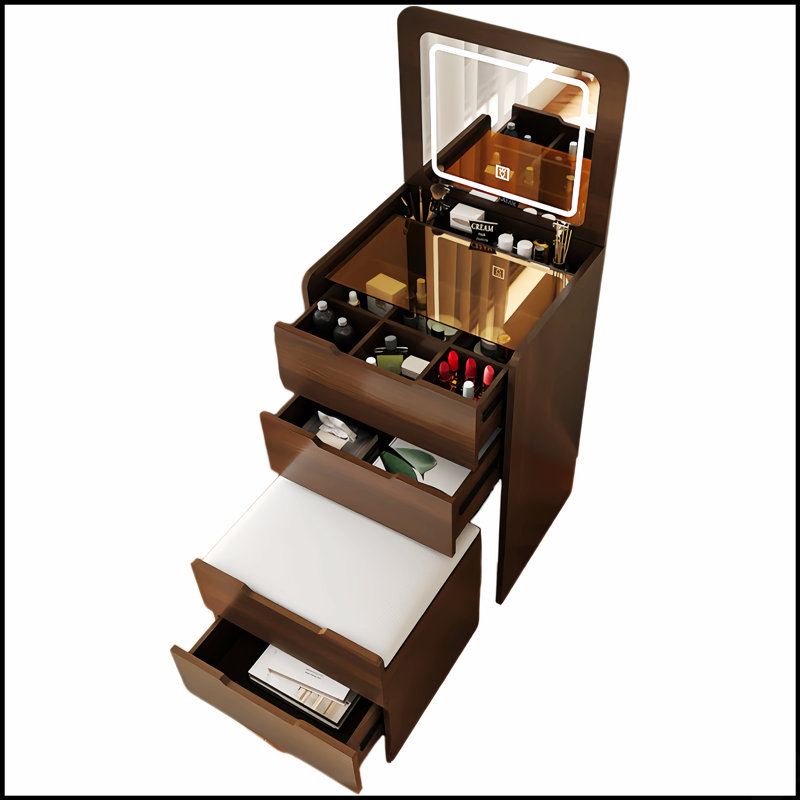 Meuble-lavabo compact 3-en-1 en noyer avec miroir rabattable, bureau en verre visible et 3 tiroirs pour le maquillage et le rangement