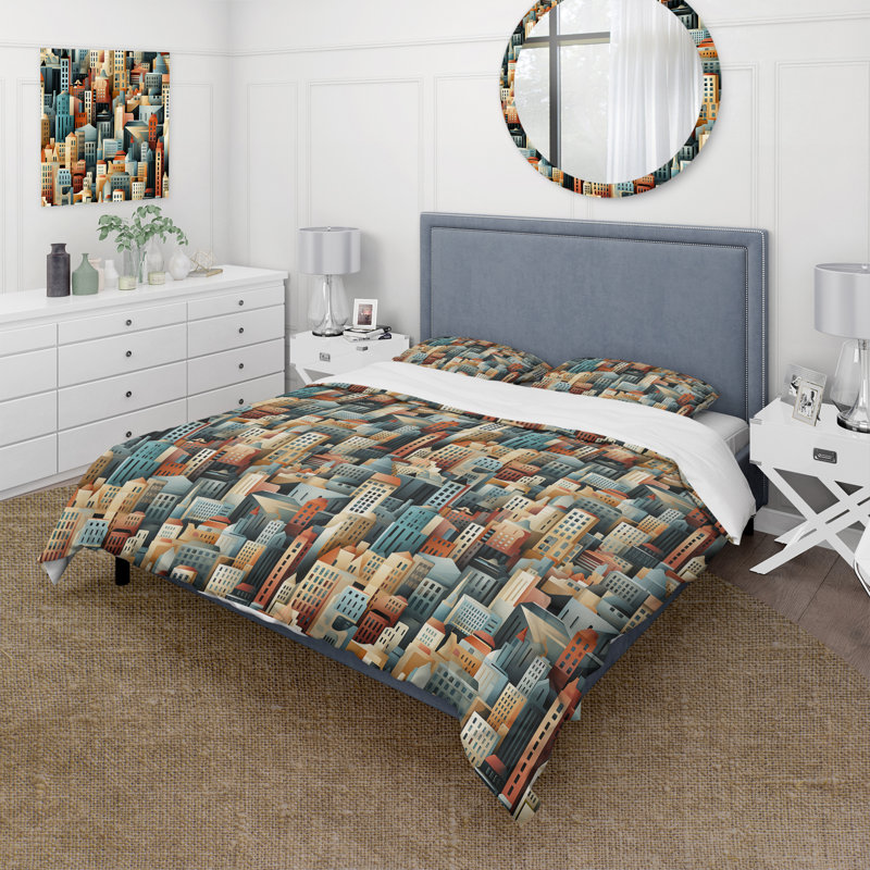 Ensemble de housse de couette à rayures beige et bleu Urban Cityscape Embrace
