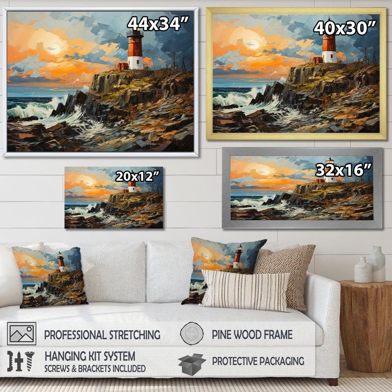 «Dots Lighthouses Guiding III», reproduction d'art sur toile, H 34 po x l 44 po x P 1,5 po, Cadre flottant doré