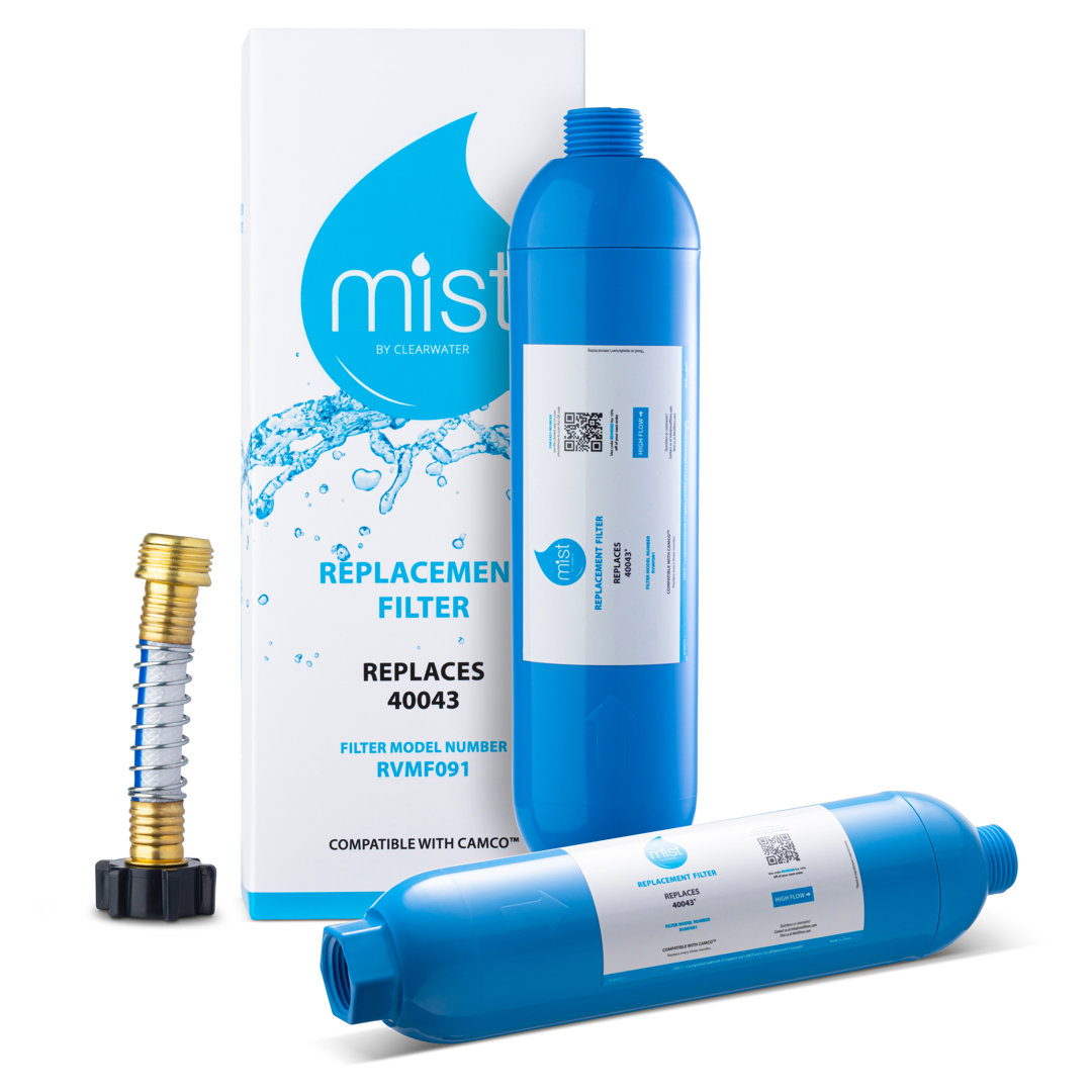 Camco RV Inline Water Filter Replacement with Flexible Hose Protector, Compatible Camco Models (Set of 2) MIST