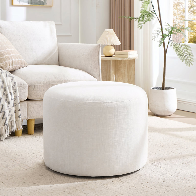 Regeani 57.5cm W Round Upholstered Pouf Ottoman with Chenille Fabric and Thick Padded Seat, Beige Chenille
