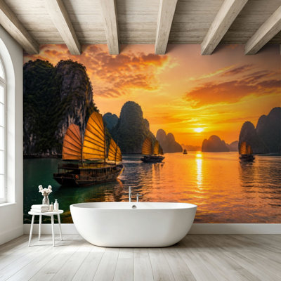 Papier peint adhésif autocollant et amovible Peler et coller, baie d'Halong, site du patrimoine mondial du Vietnam