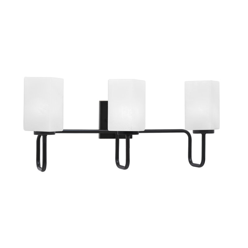 Barre d'éclairage de salle de bain 3 lumières Amarmula, finition noir mat, verre carré blanc de 3,5 po, Noir, Blanc