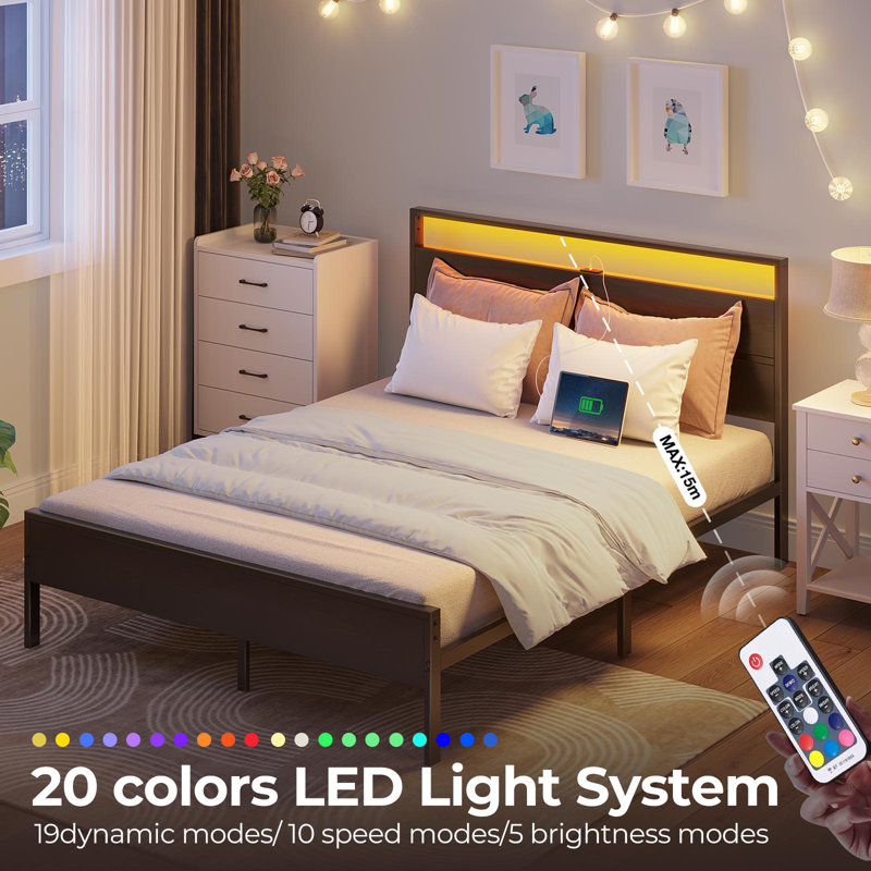 Full Metal Platform Bed with LED Lighted Wood Headboard and Charging Station