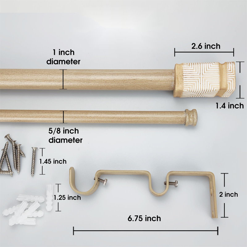 Ensemble de tringle à rideaux double style bohème rustique avec fleuron carré sculpté, 72 à 144 pouces, tringle à rideaux double beige standard pour 1 paquet, 1 pouce de diamètre, longueur réglable