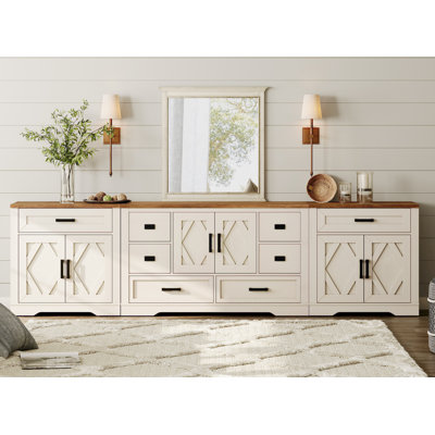 Glenford 117"W Large Modern Farmhouse Accent Cabinet With Barn Doors & Drawers, Scratch-Resistant Tree Bark Finish
