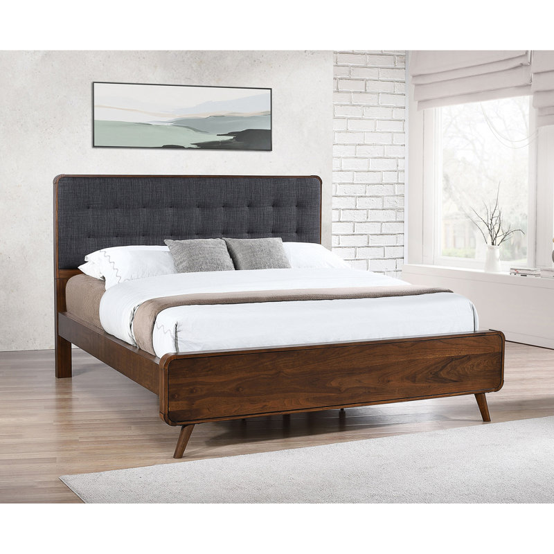King Contemporary Bed In Dark Walnut, Featuring Tapered Legs And Storage Compartments For Bedroom Walnut King, With Rounded Corners, Airy Feel Space - Saving