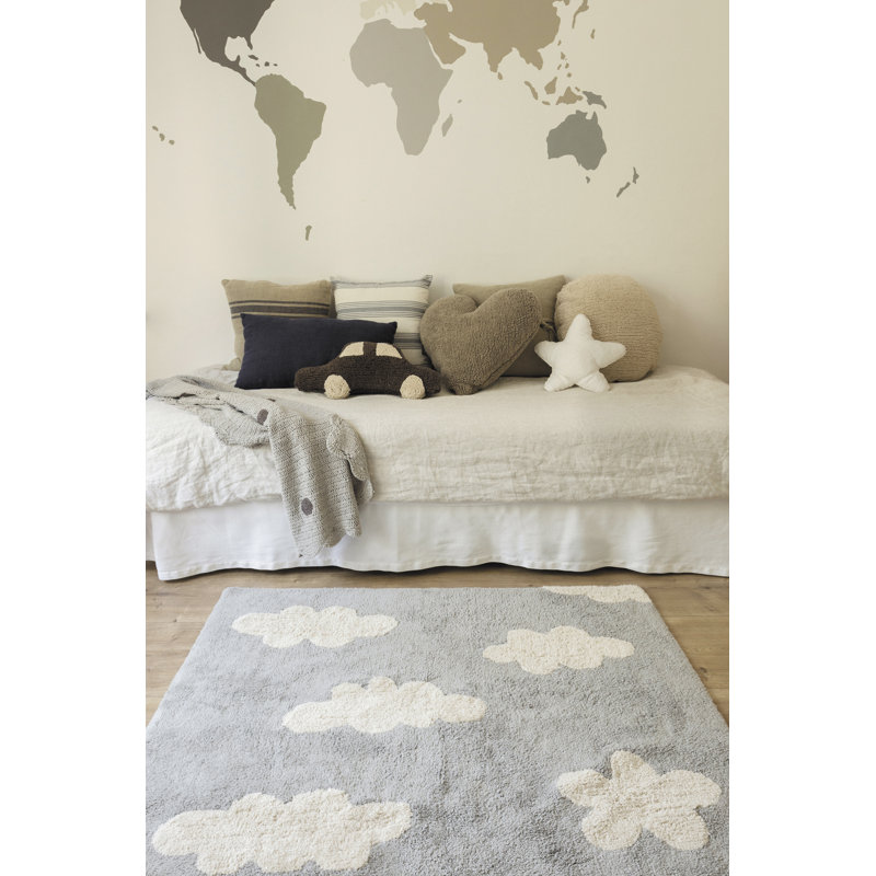Handmade Tufted Rectangle 4' x 5'3" Cotton Area Rug in Gray/White