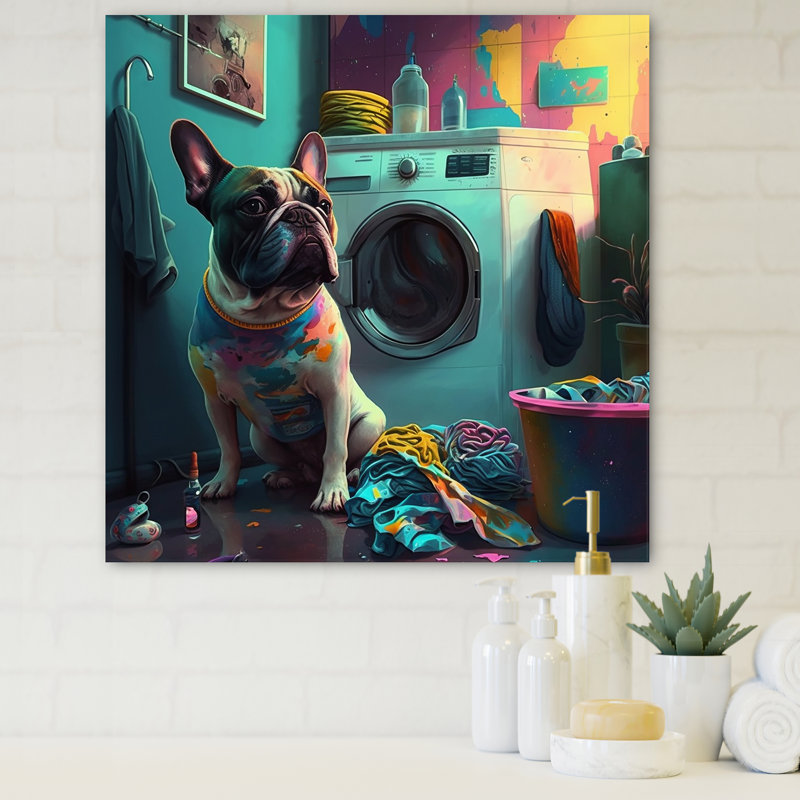 Buldog in Laundry - Impression sur toile tendue