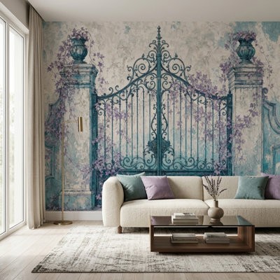 Vintage Garden Gate Wallpaper Wrought Iron Floral Wall Mural