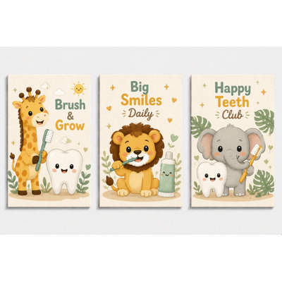 Grand ensemble de 3 impressions murales d'art animalier safari sur toile, girafe, éléphant, dent, brossage, décor, enfants, salle de bain, chambre de bébé, salle de jeu, impression sur toile 16 x 24 pouces - prête à être accrochée