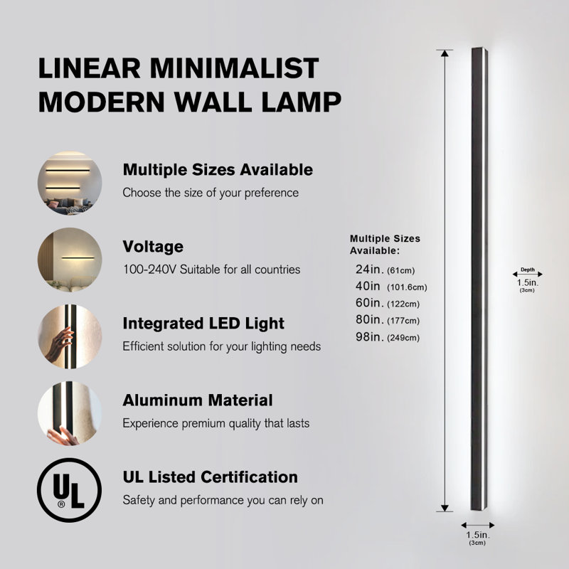 80-Inch Black Aluminum LED Wall Sconce with Smart Control