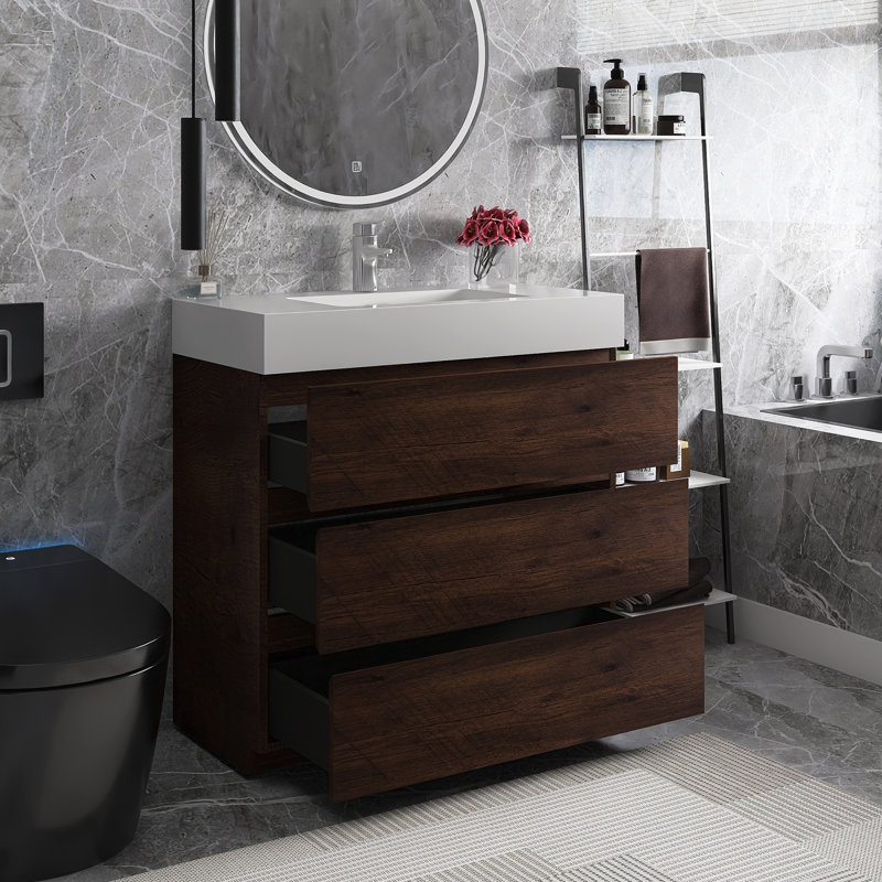 Angelinna 36" Freestanding Single Bathroom Vanity with Top, Walnut, White