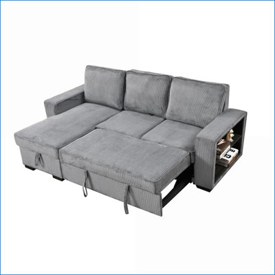 Sectional Sofa Modern L-Shaped Pull Out Sleeper with Storage Chaise, USB, Cup Holder for Living Room | Dark Grey | Upholstered