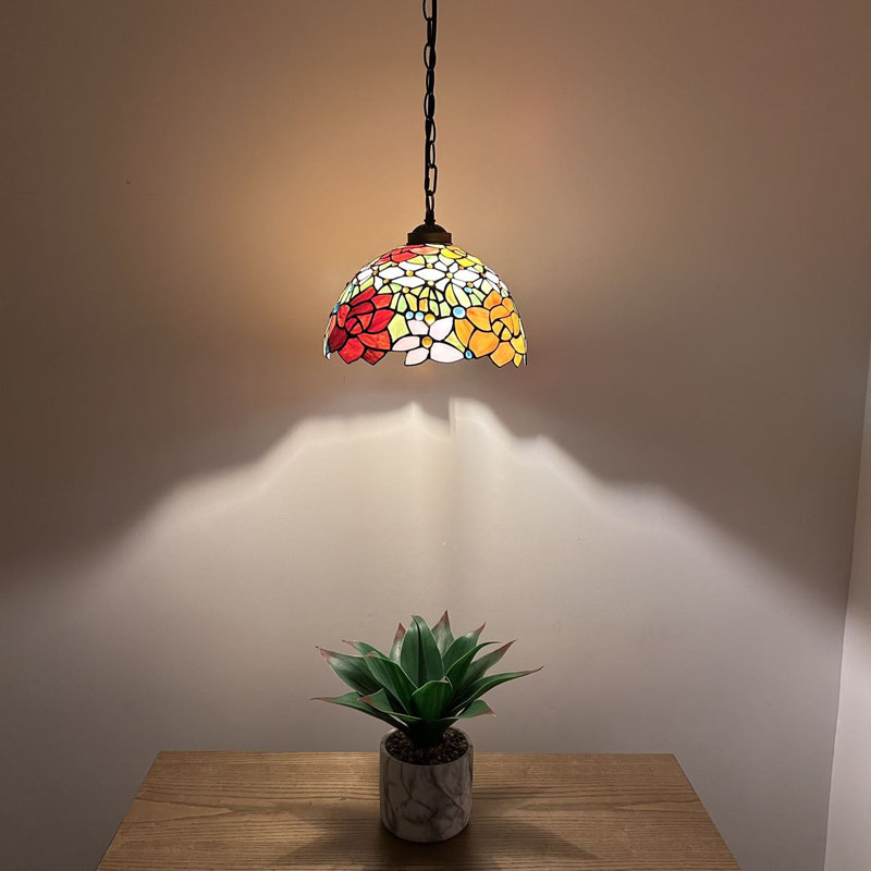 Kleist Tiffany Pendant Lighting Fixture Red Orange Blue Stained Glass Rose Flowers LED Bulb 12"W*12"D*60"H, Red/Orange/White