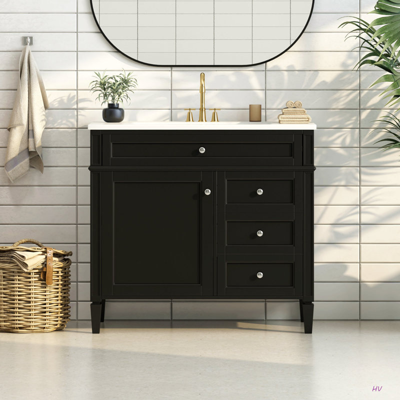 Meuble-lavabo de 36 po avec lavabo supérieur, meuble-lavabo moderne avec 2 tiroirs et tiroir escamotable, meuble-lavabo simple