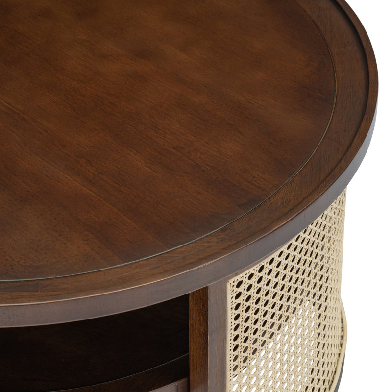 Table basse ronde en rotin avec rangement, Bois de noyer