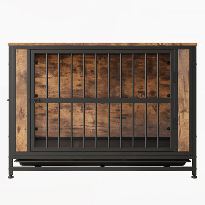 Table-cage en bois pour chien, niche pour chien 32,8 po avec 2 portes coulissantes et cadre de porte en fer épais