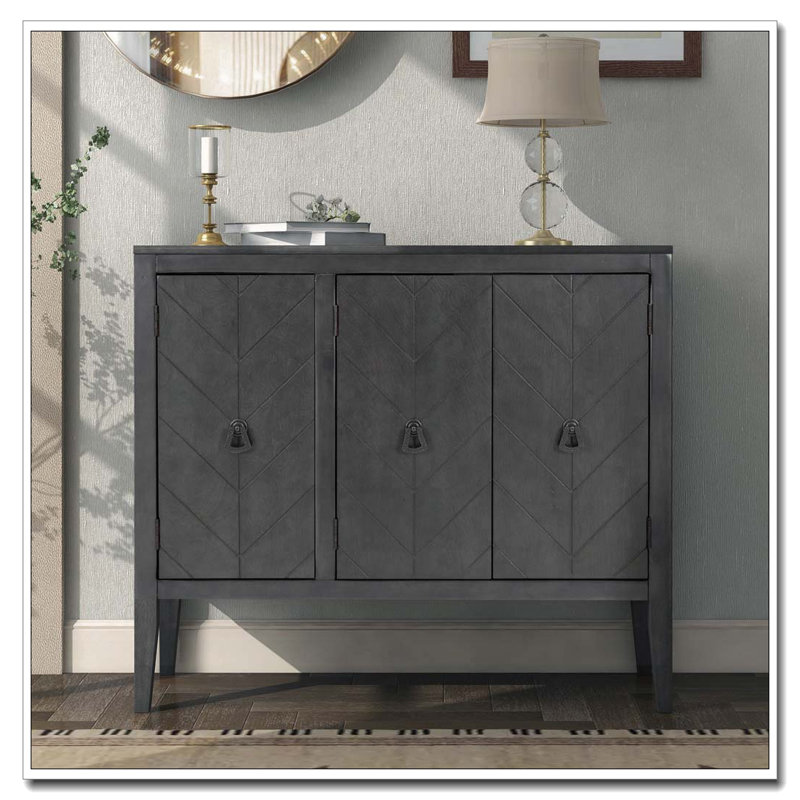 3-Door Wood Cabinet with Adjustable Shelves, Gray