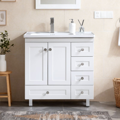 32 Inch  Modern Freestanding Single Bathroom Vanity with Ceramic Sink, Multi-Drawer Storage Cabinet for Family Bathroom
