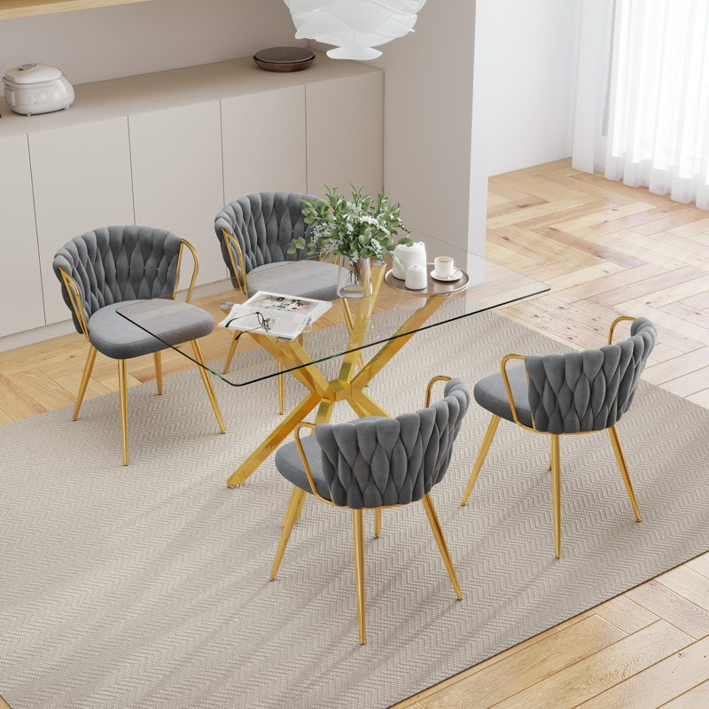 Modern 47.24-Inch Rectangular Glass Dining Table Set With Velvet-Upholstered Armchairs, Space-Saving Dining Furniture Set For Dining Rooms, Kitchens, Breakfast Nooks, Small Spaces, And Apartments