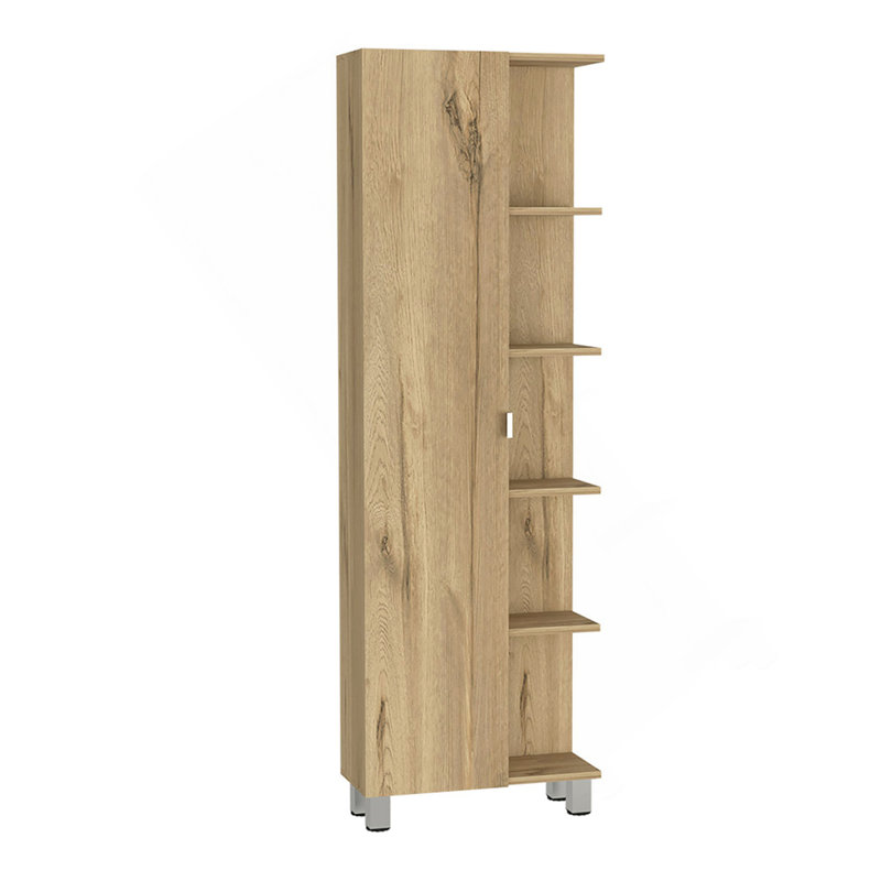 Armoire de coin, cinq tablettes ouvertes, une porte, finition chêne clair, Chêne clair