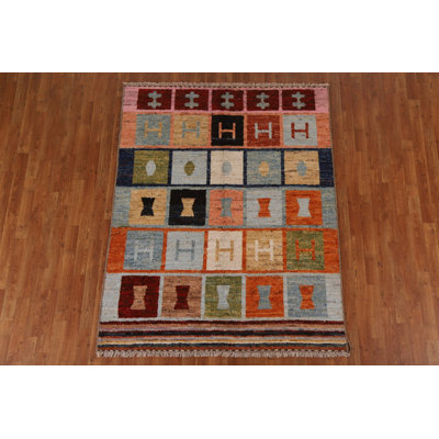 Tapis orange / bleu / rouge en laine noué à la main de conception unique 5 pi 2 po x 6 pi 6 po New Age