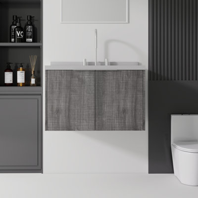 Meuble-lavabo de 76 cm avec lavabo simple en céramique, comptoir et dosseret en marbre reconstitué, armoire suspendue en contreplaqué, portes à fermeture amortie, chêne gris