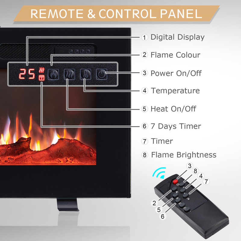 FLAMEKO Wilton Electric Fireplace, Wall Mounted, Recessed, Logs & Crystals Included, 9 Colour Flame Effect, 1.8kW Heater