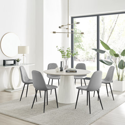 Edzard Statement Round Dining Table Set in Luxury Stone Effect & 6 Faux Leather Dining Chairs