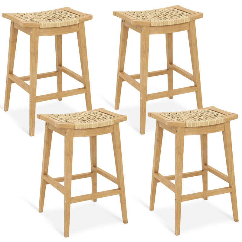 1 Pcs 29" Teak Wood Bar Stool With Footrest & Saddle Seat Boho Bar Height Stool, 4