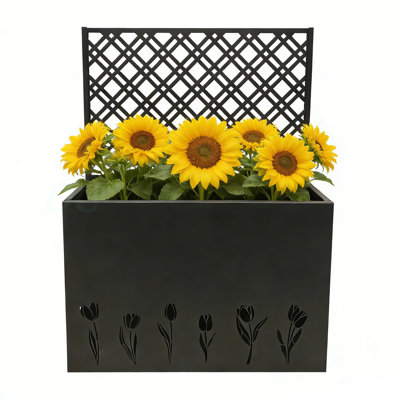 Tall Metal Planter Raised Garden Bed With Trellis 35.5In L X 11.9In W X 47.3In H - Large Flower Box Privacy Screen For Porch, Patio, Garden, Commercial Décor, Tulip Black