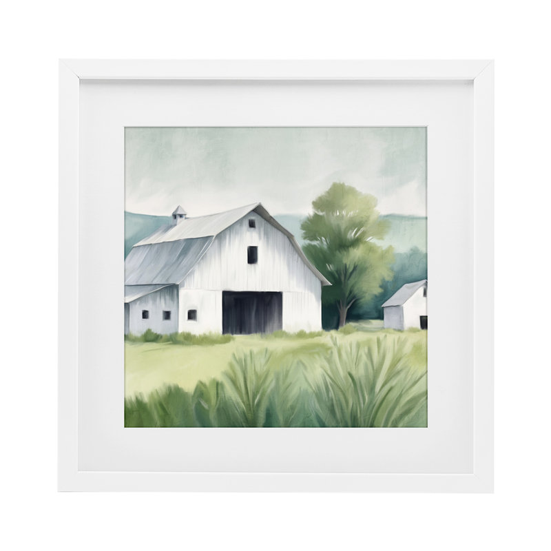 «Farm Home White Barn», reproduction imprimée sous verre, conception de Kim Allen, H 13 po x l 13 po, Cadre blanc côtier