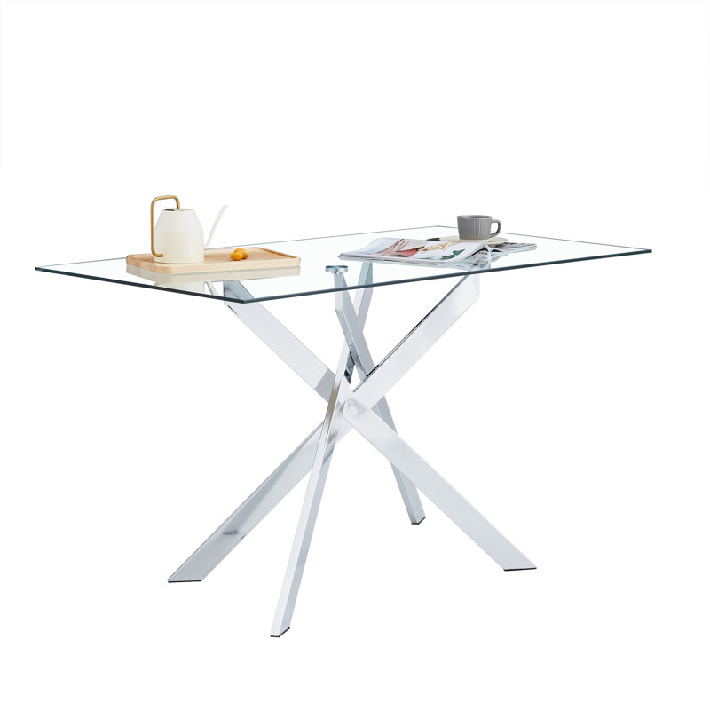 Table de salle à manger de 51,18 po rectangulaire en verre trempé transparent, conception élégante avec pieds en métal chromé argenté, table de salle à manger