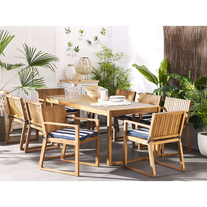Aadhyan 8 - Person Acacia Wood Patio Dining Set with Rectangular Table , Cushions Included