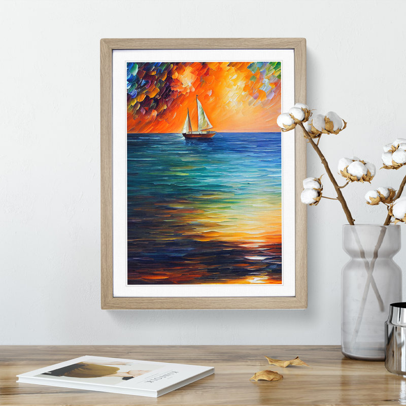 Boat At Sunset No.1 - Painting, 66cm H x 48cm W x 2cm D, Oak Framed, White
