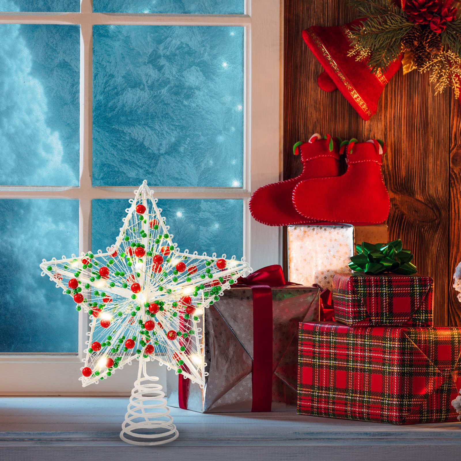 TULGIX Christmas Star Tree Topper 8.3 Inch Red Green Berries Dotted ...