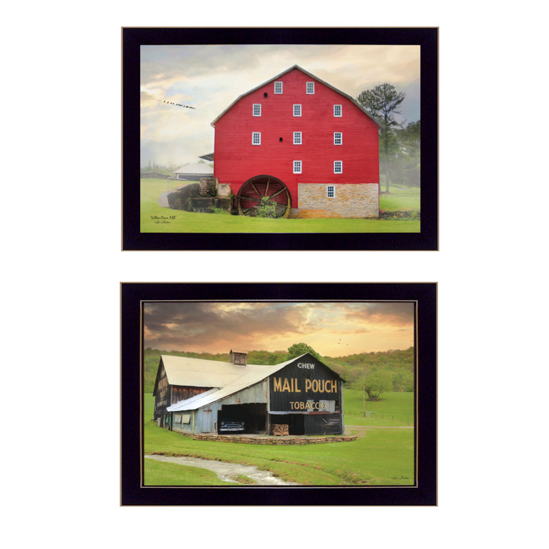 «Mail Pouch Barn and Mill», ensemble de 2 vignettes encadrées pour salon, mur de maison par Lori Deiter, Cadre noir