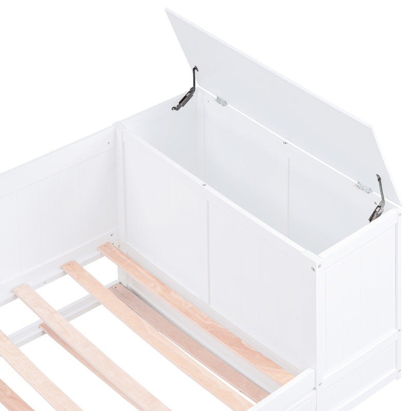 Lit de jour simple blanc avec rangement, lit gigogne et charge électrique - Compartiment de rangement taille grand, bois massif