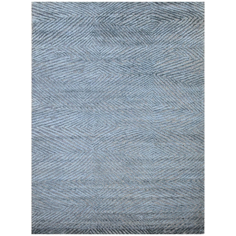 Tapis géométrique en laine / viscose noué à la main bleu / gris, Rectangle 6 pi x 9 pi