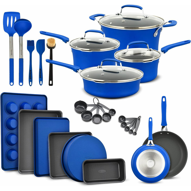 Ensemble de casseroles et de poêles 23 pièces, batterie de cuisine antiadhésive avec motif à carreaux, empilable, va au lave-vaisselle et au four, bleu
