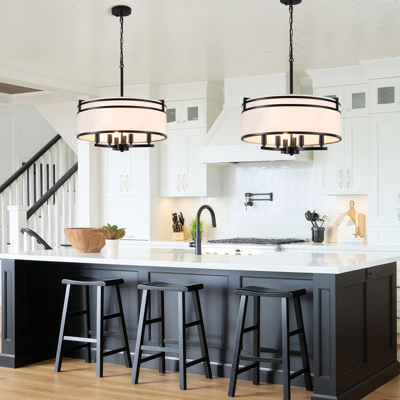 6- Light Dimmable Modern Farmhouse Drum Chandelier with Round Linen Shade, Matte Black